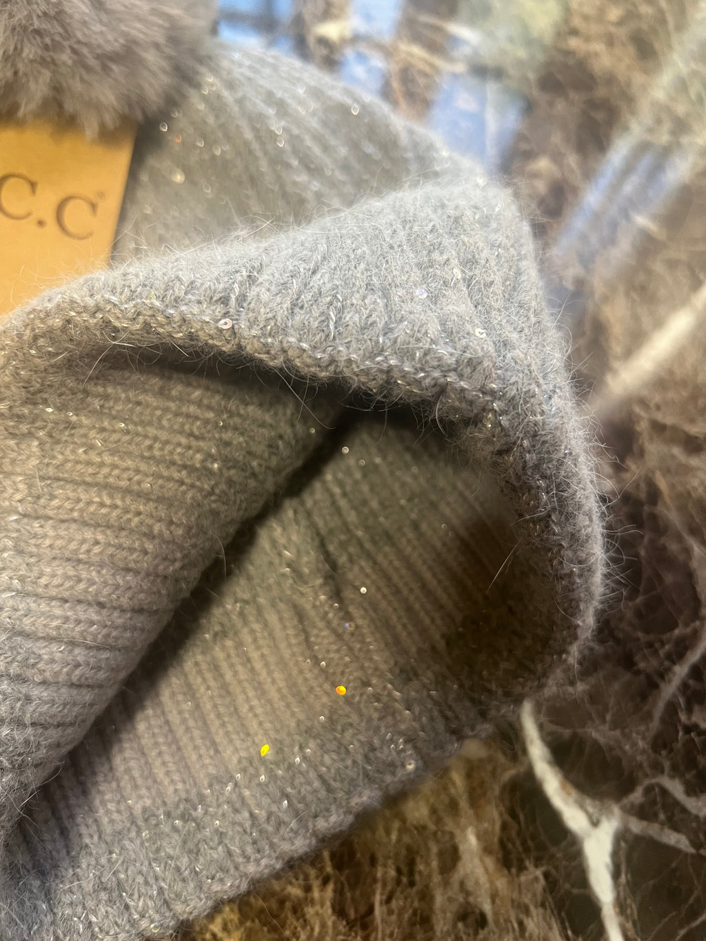 C.C Soft Gray Silver Pom Beanie Hat with Sparkle