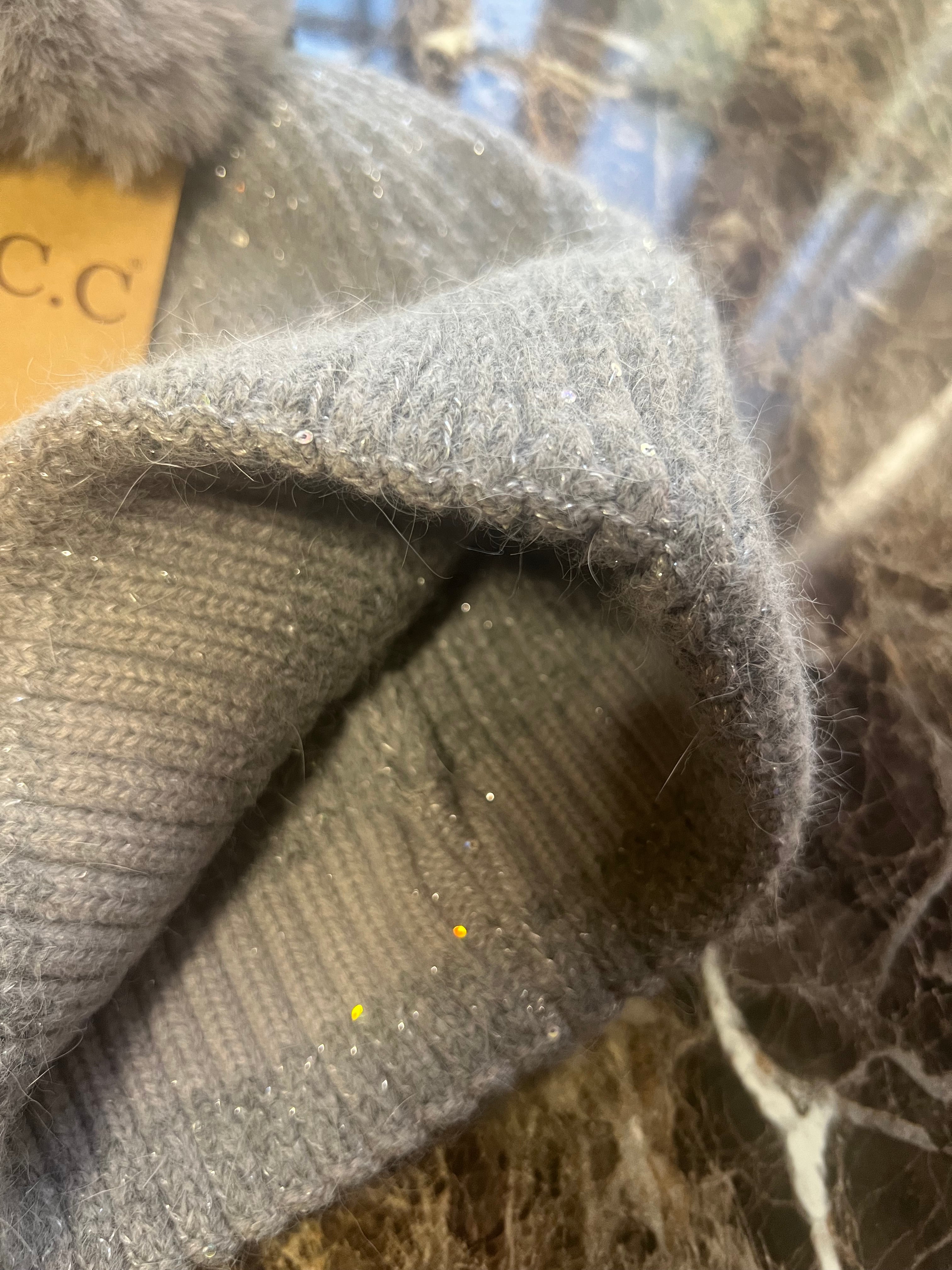 C.C Soft Gray Silver Pom Beanie Hat with Sparkle