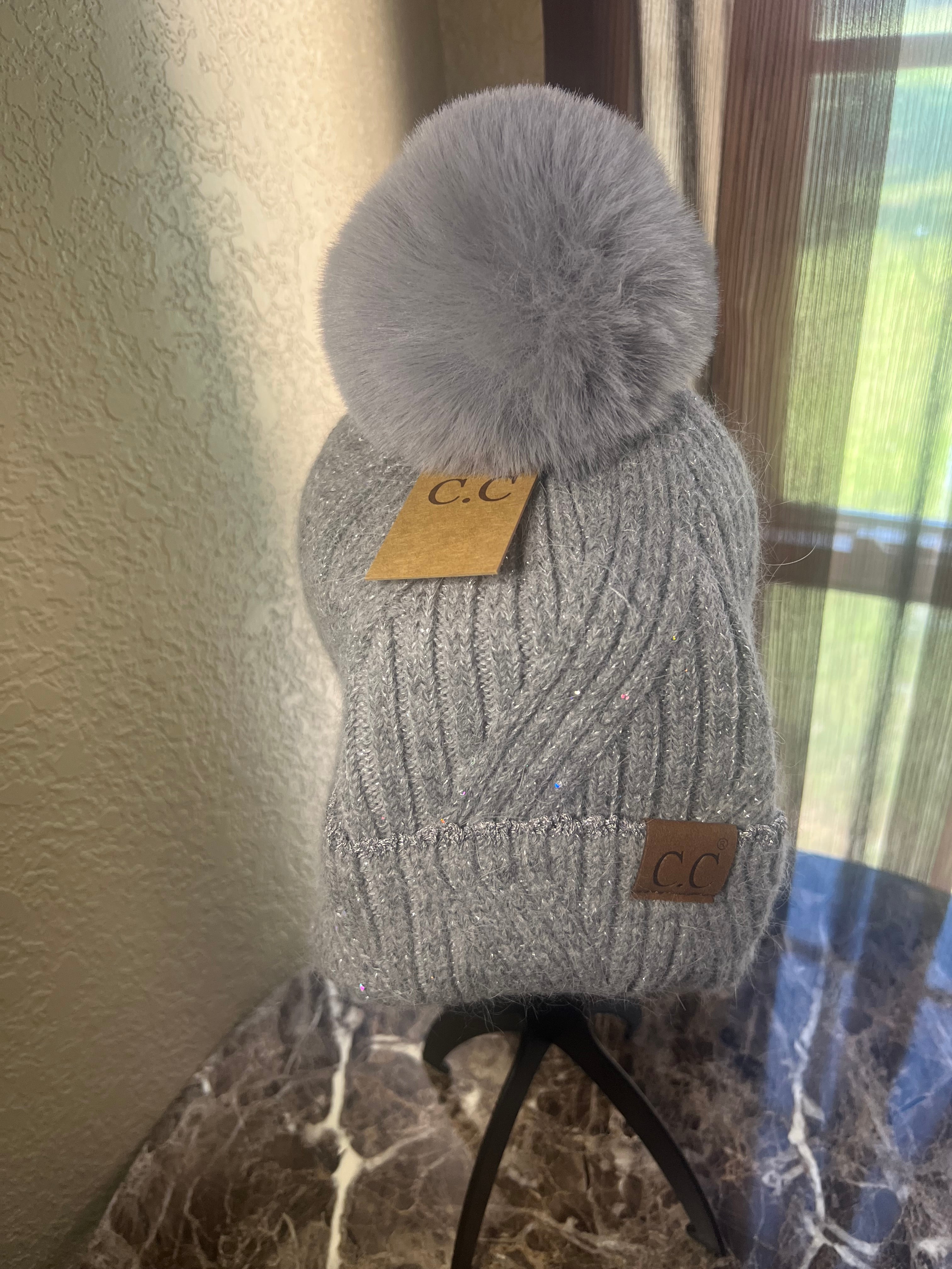 C.C Soft Gray Silver Pom Beanie Hat with Sparkle