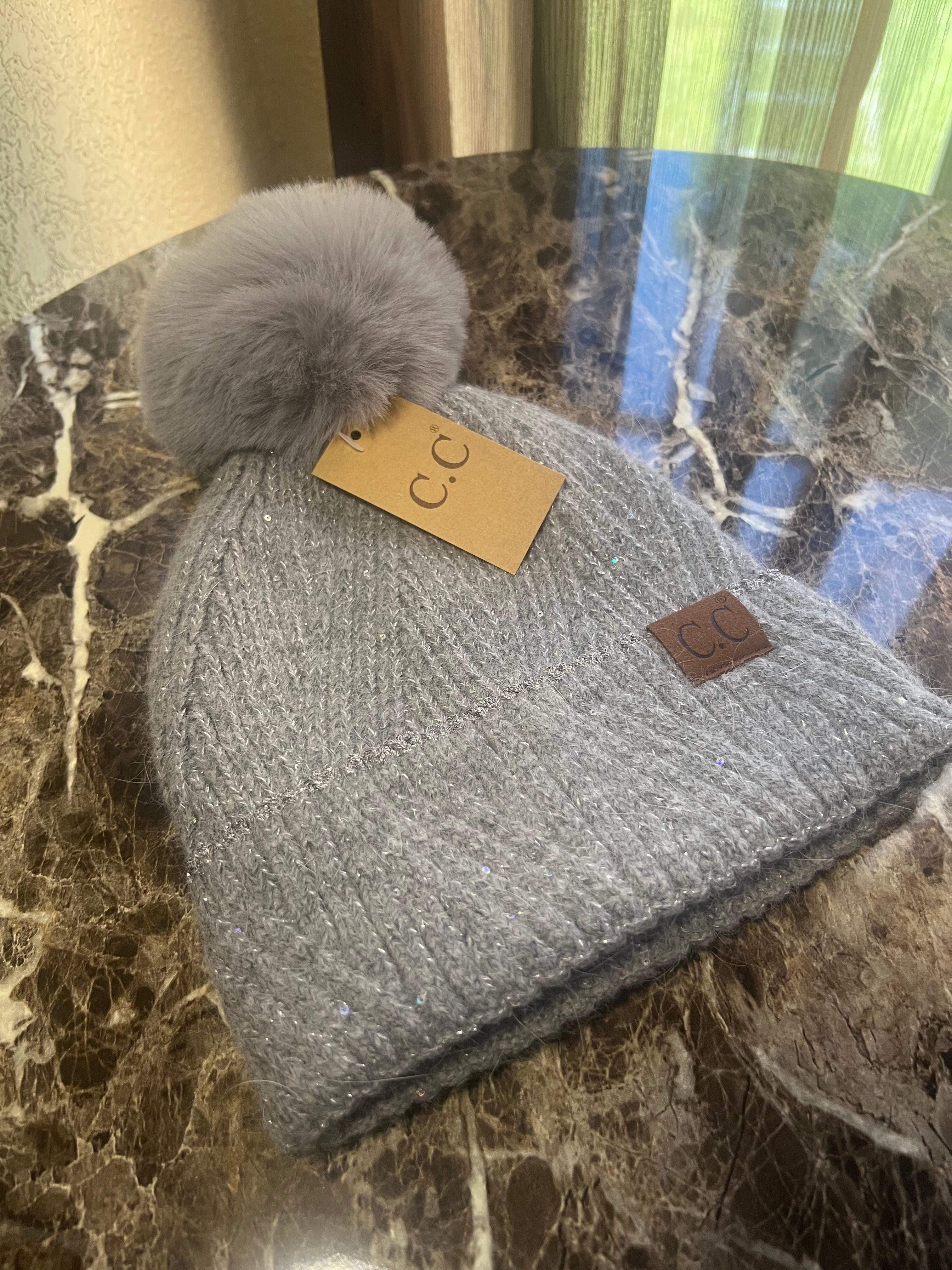 C.C Soft Gray Silver Pom Beanie Hat with Sparkle