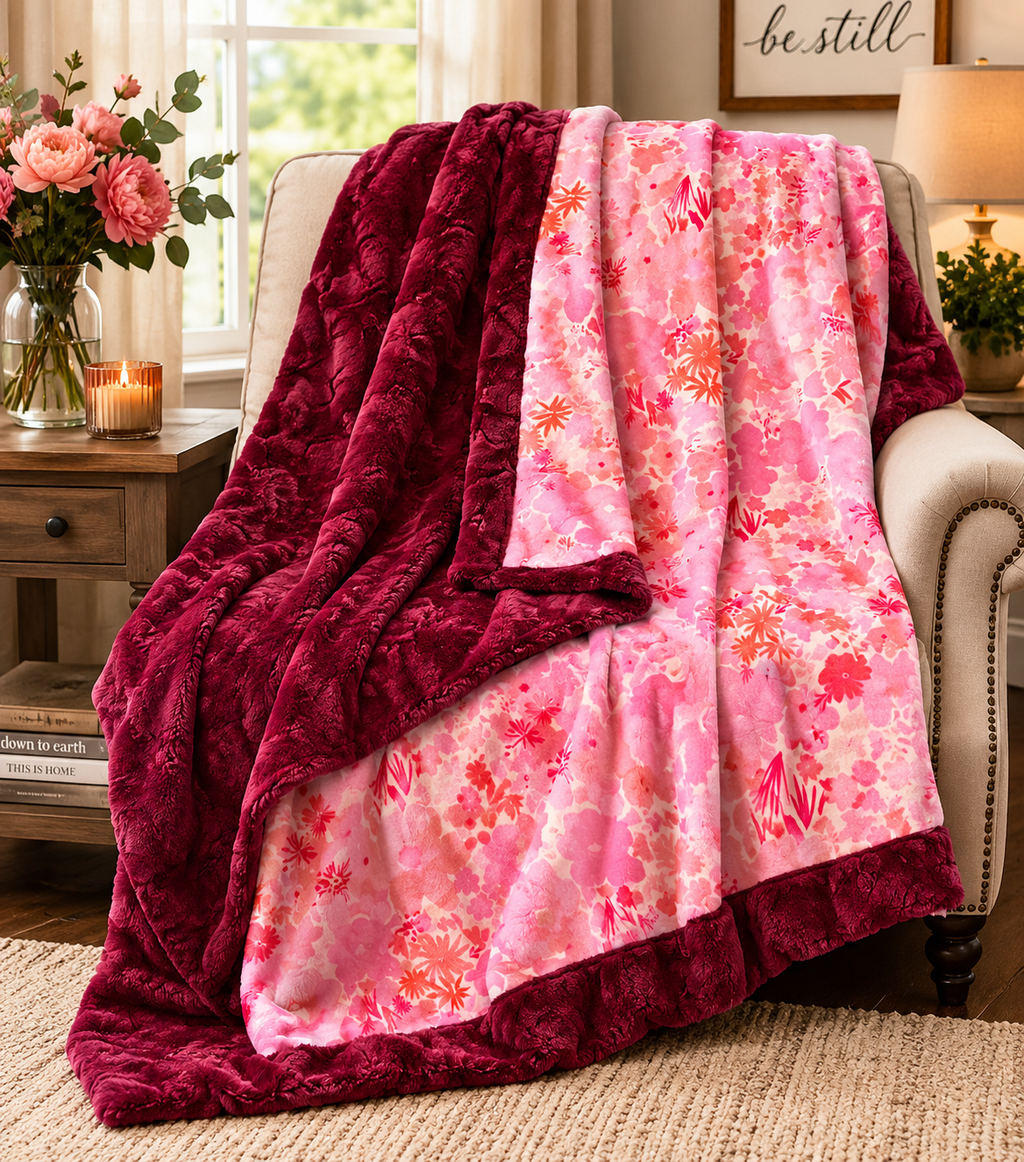 Minky Blankets- Pink Floral & Magenta Hide Approx Size 65”x55”
