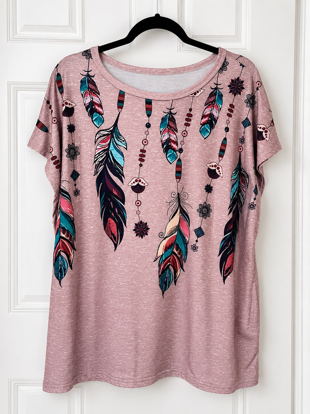 Boho Feather Print Women’s Top – Dusty Mauve