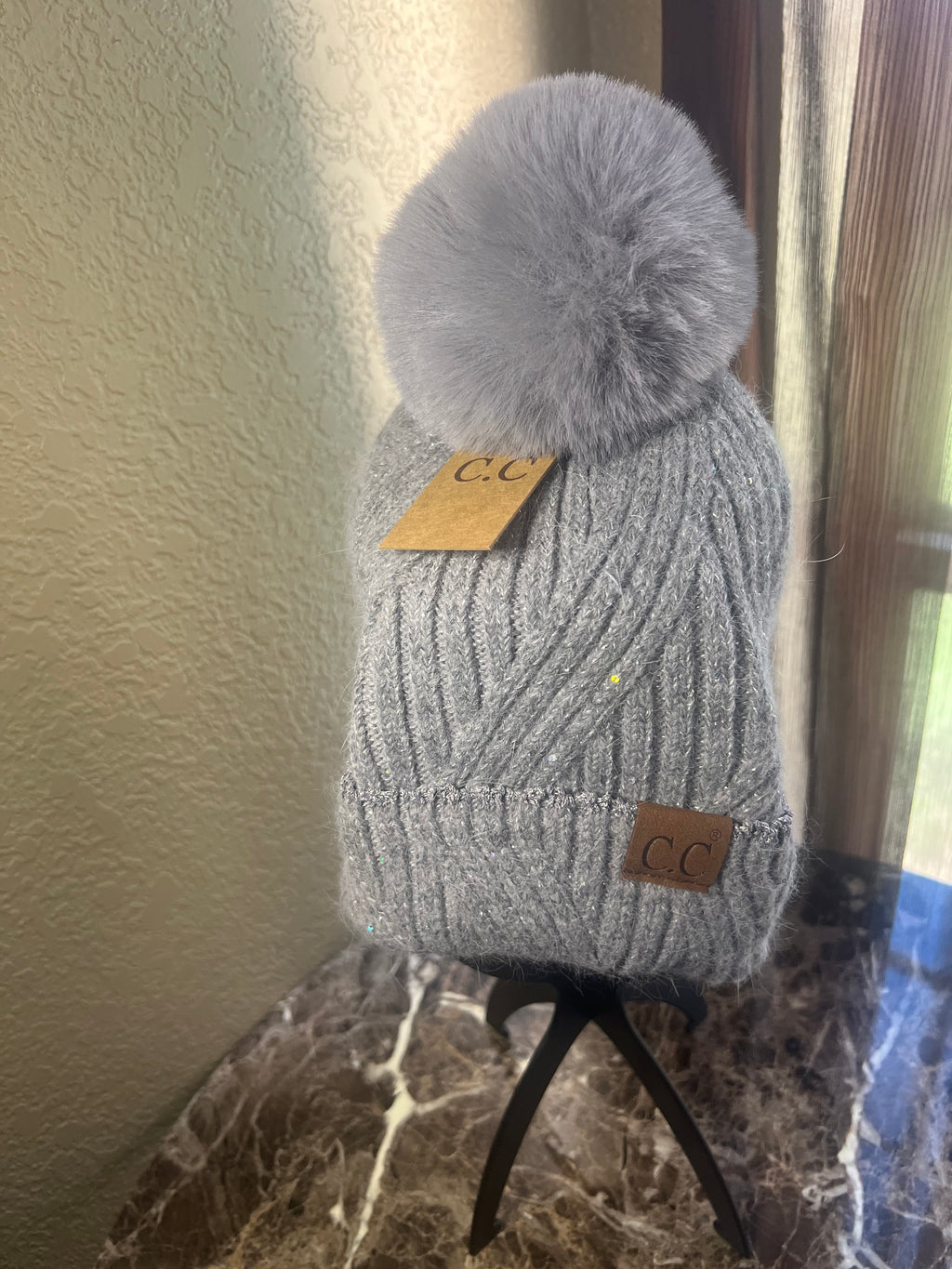C.C Soft Gray Silver Pom Beanie Hat with Sparkle