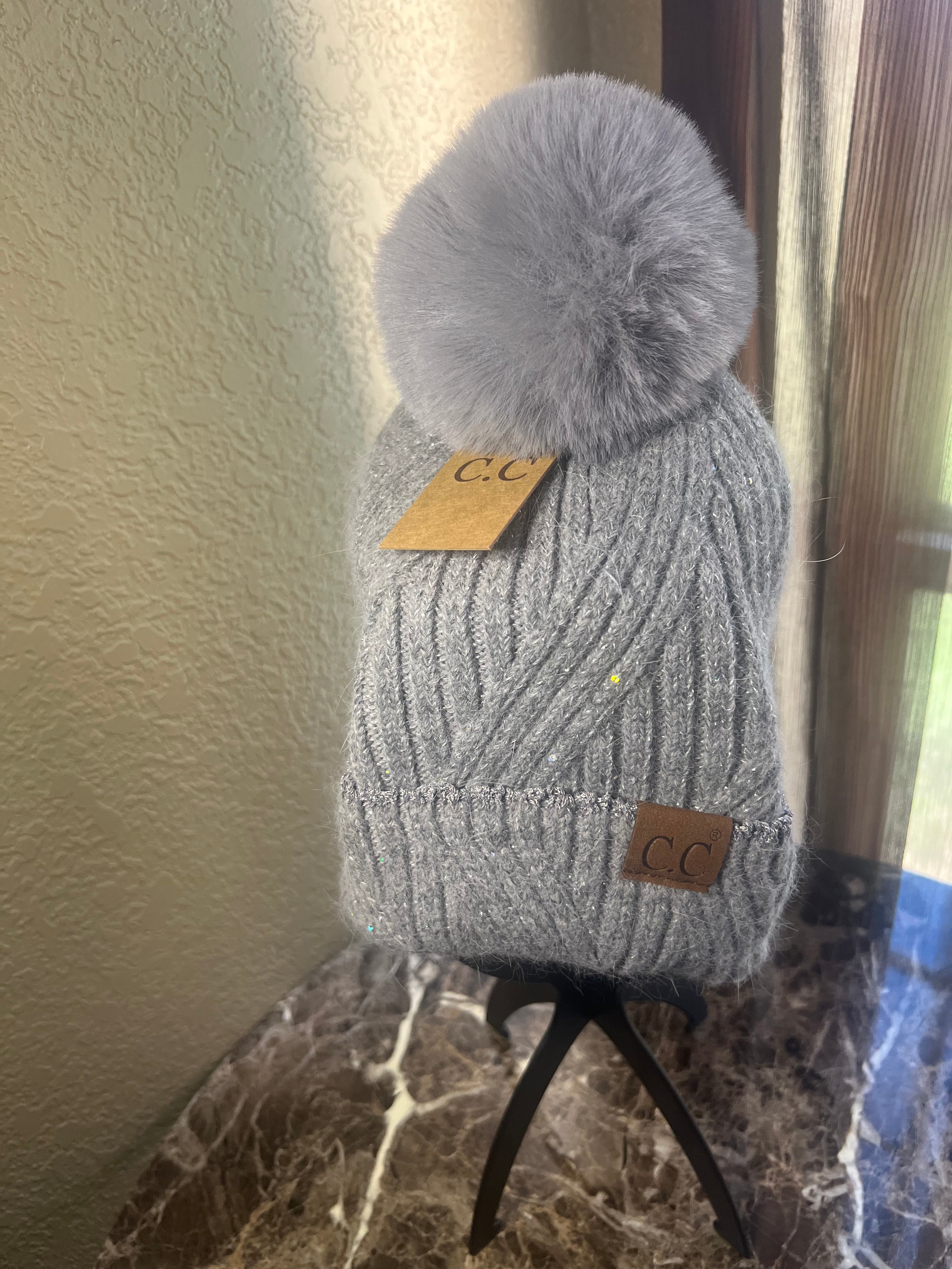 C.C Soft Gray Silver Pom Beanie Hat with Sparkle