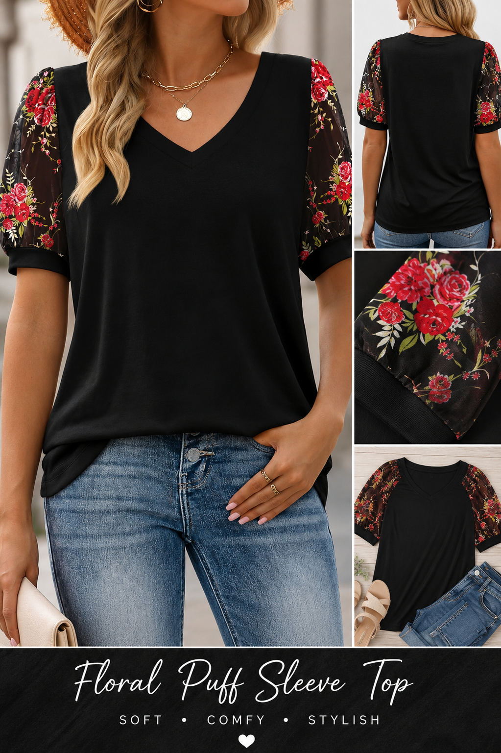 Floral Mesh Sleeve Top Black