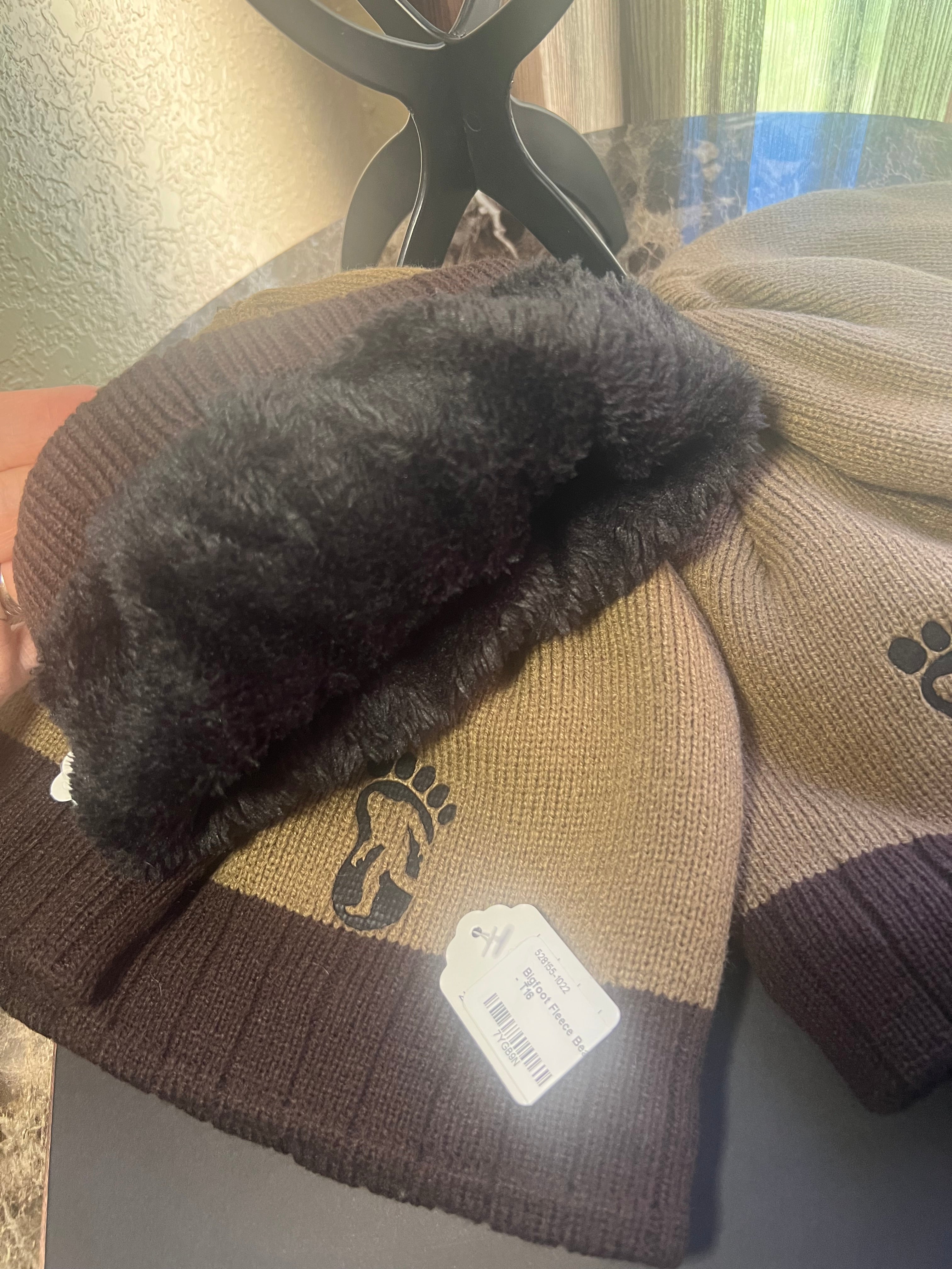 Khaki & Brown or Red & Black Lined Bigfoot Beanie Hat