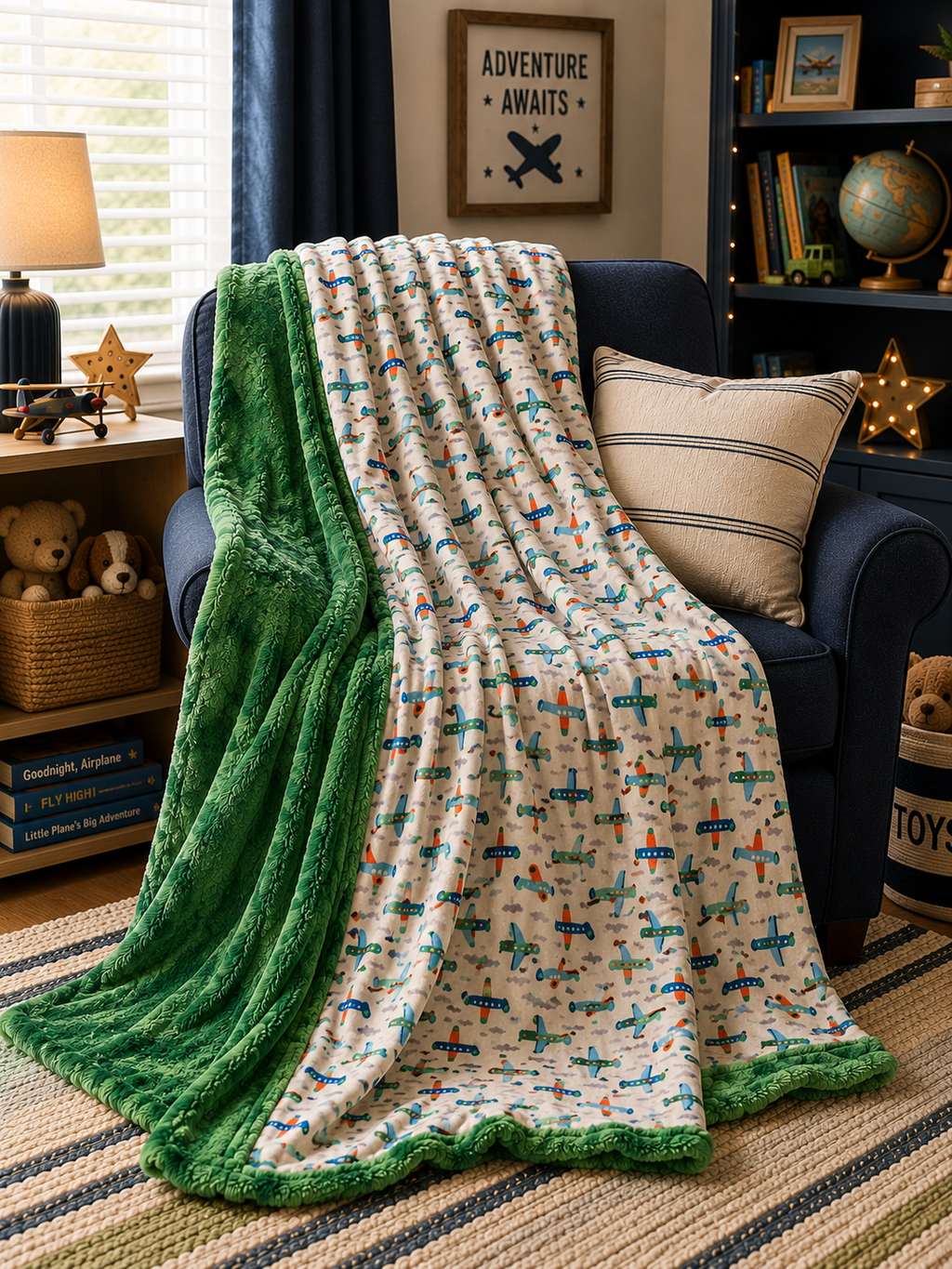 Minky Blanket - Airplanes & Green Galaxy - Approx Size 56”x82”