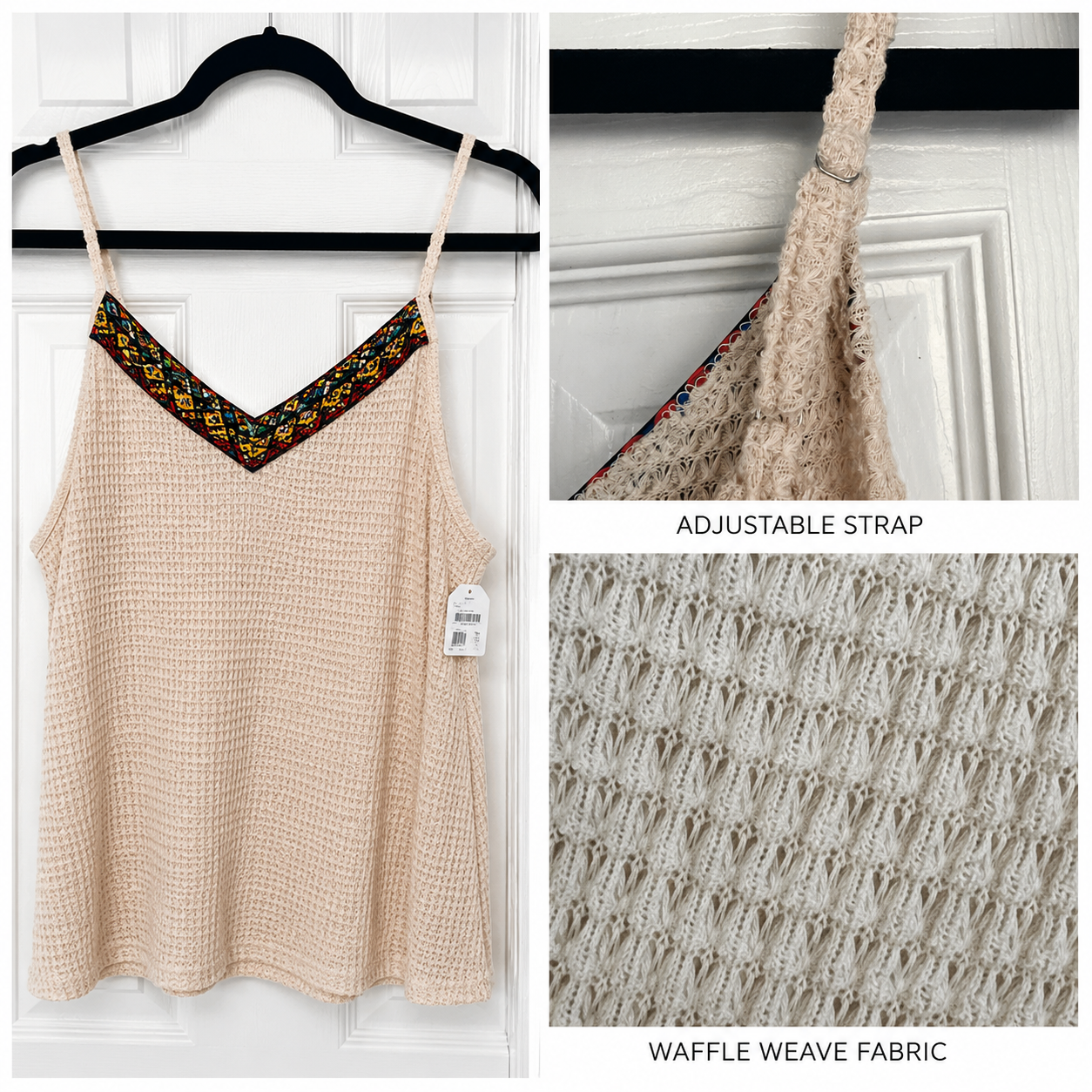 Boho Waffle Knit Spaghetti Strap Cami – Beige