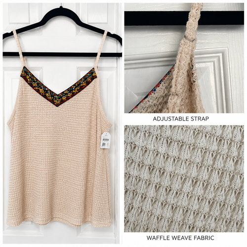 Boho Waffle Knit Spaghetti Strap Cami – Beige