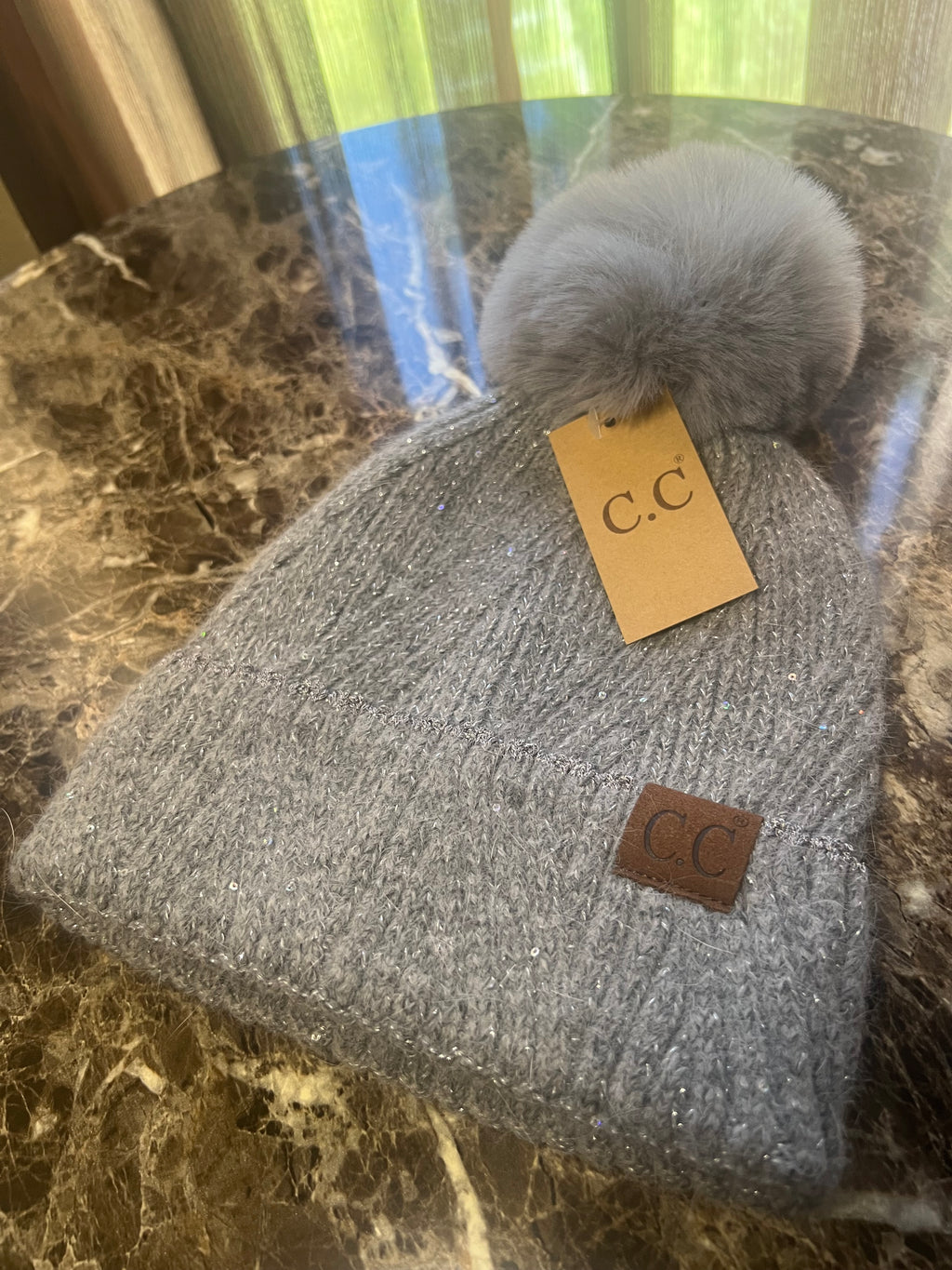 C.C Soft Gray Silver Pom Beanie Hat with Sparkle