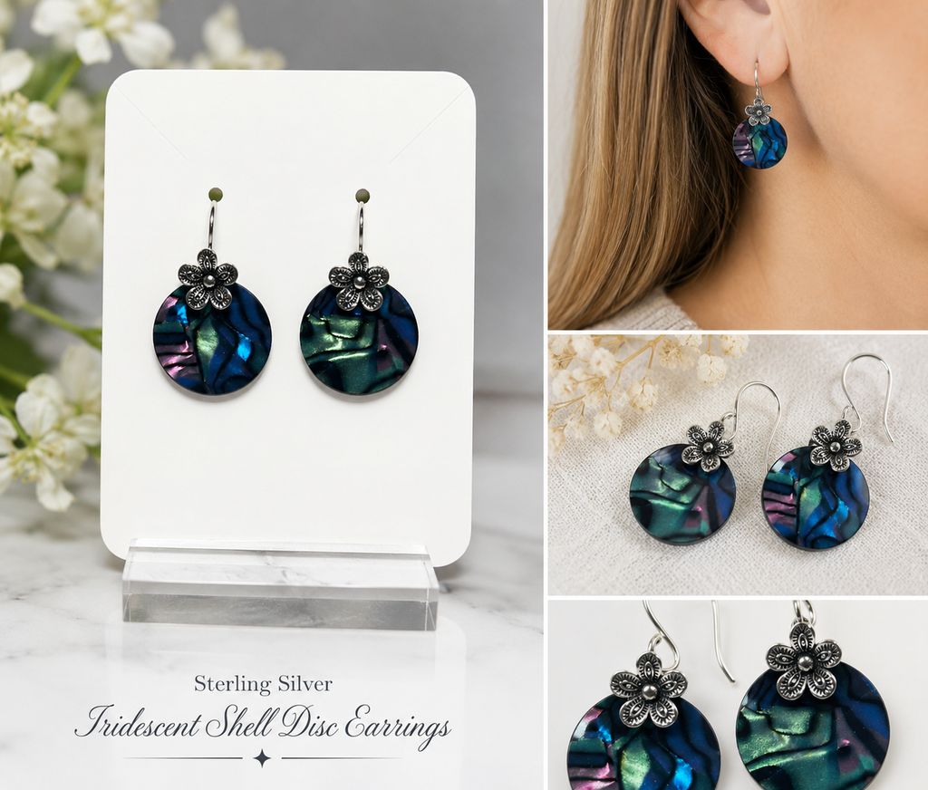 Earrings - Sterling Silver Iridescent Shell Disc