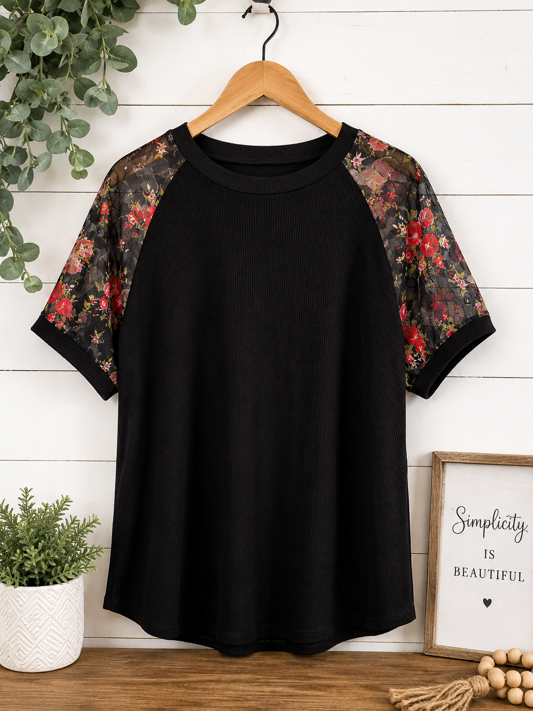 Floral Mesh Sleeve Top Black