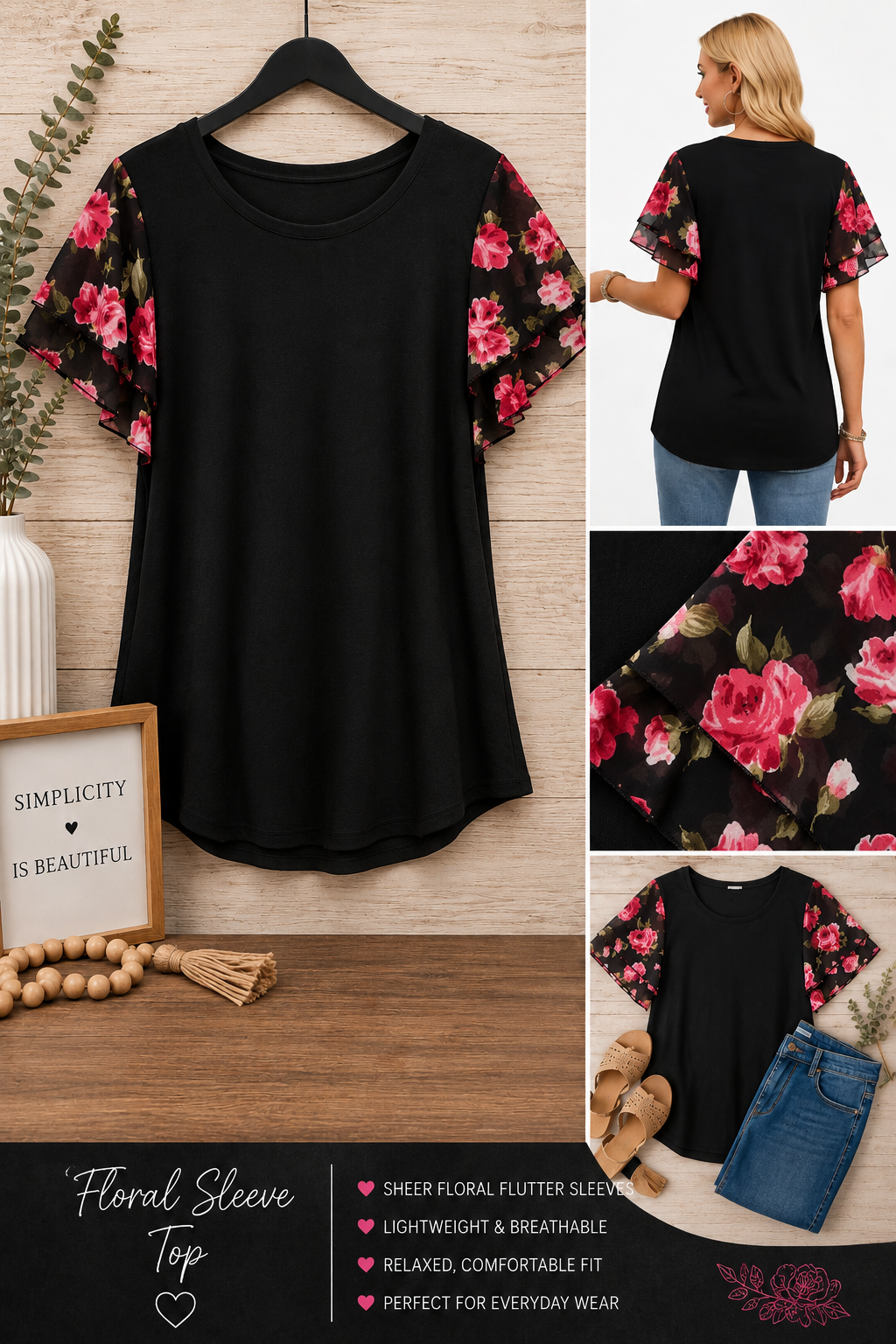 Floral Flutter Sleeve Top - Black