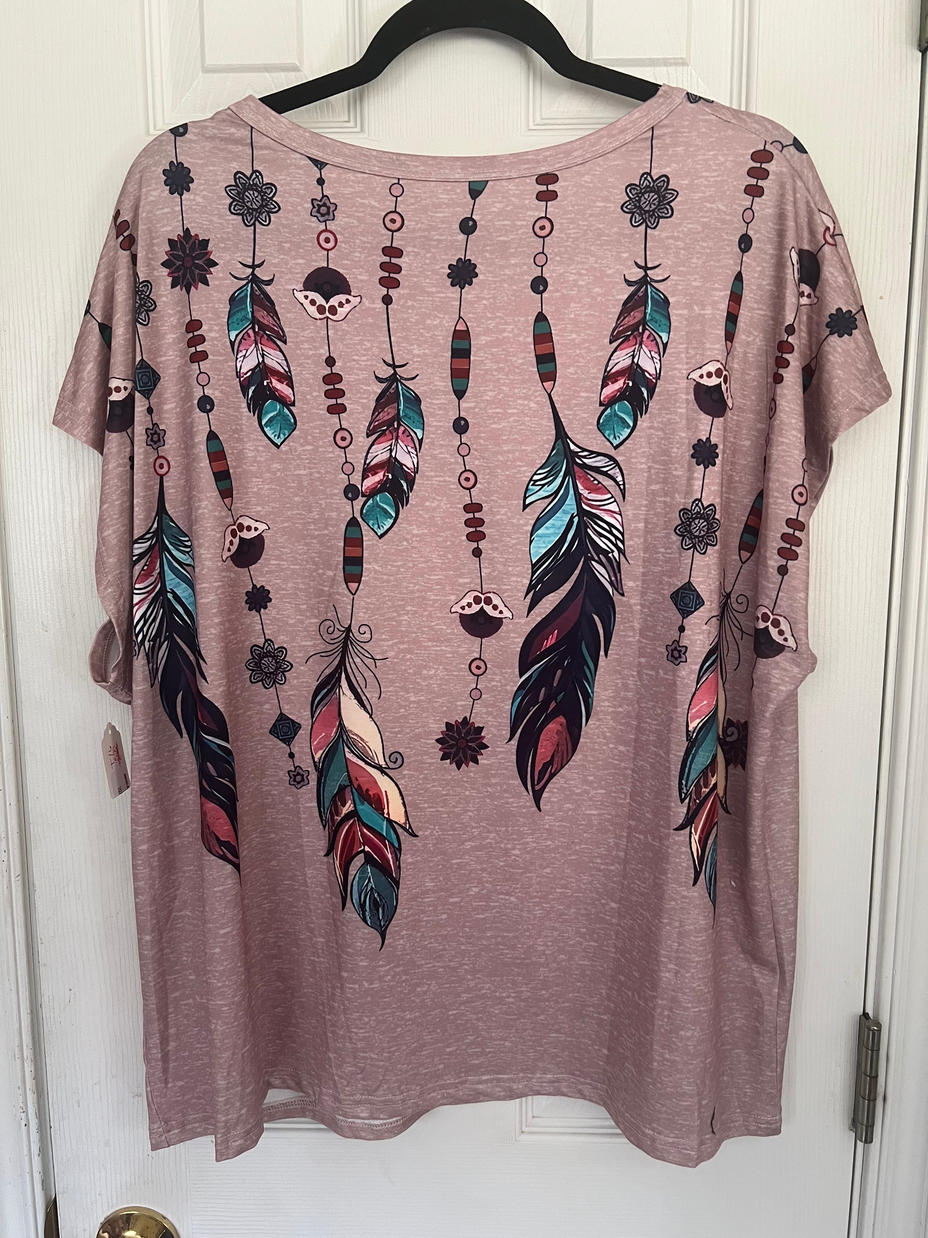 Boho Feather Print Women’s Top – Dusty Mauve
