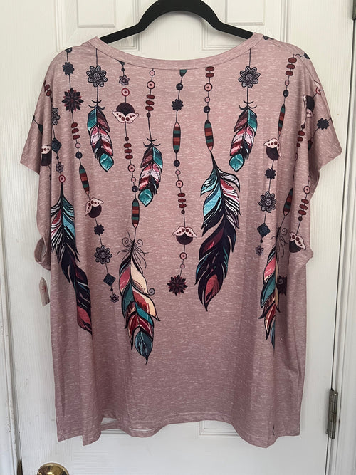 Boho Feather Print Women’s Top – Dusty Mauve