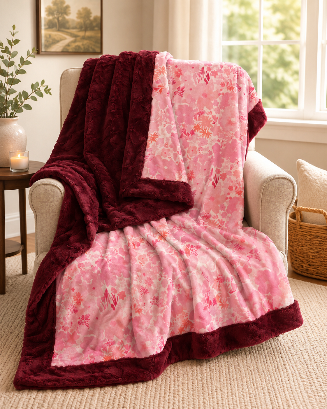 Minky Blankets- Pink Floral & Magenta Hide Approx Size 65”x55”