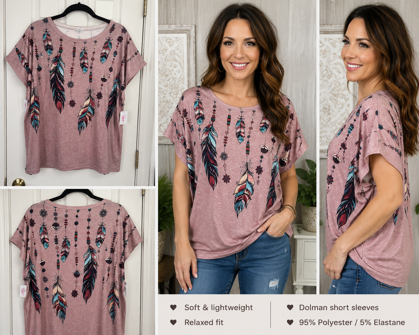 Boho Feather Print Women’s Top – Dusty Mauve