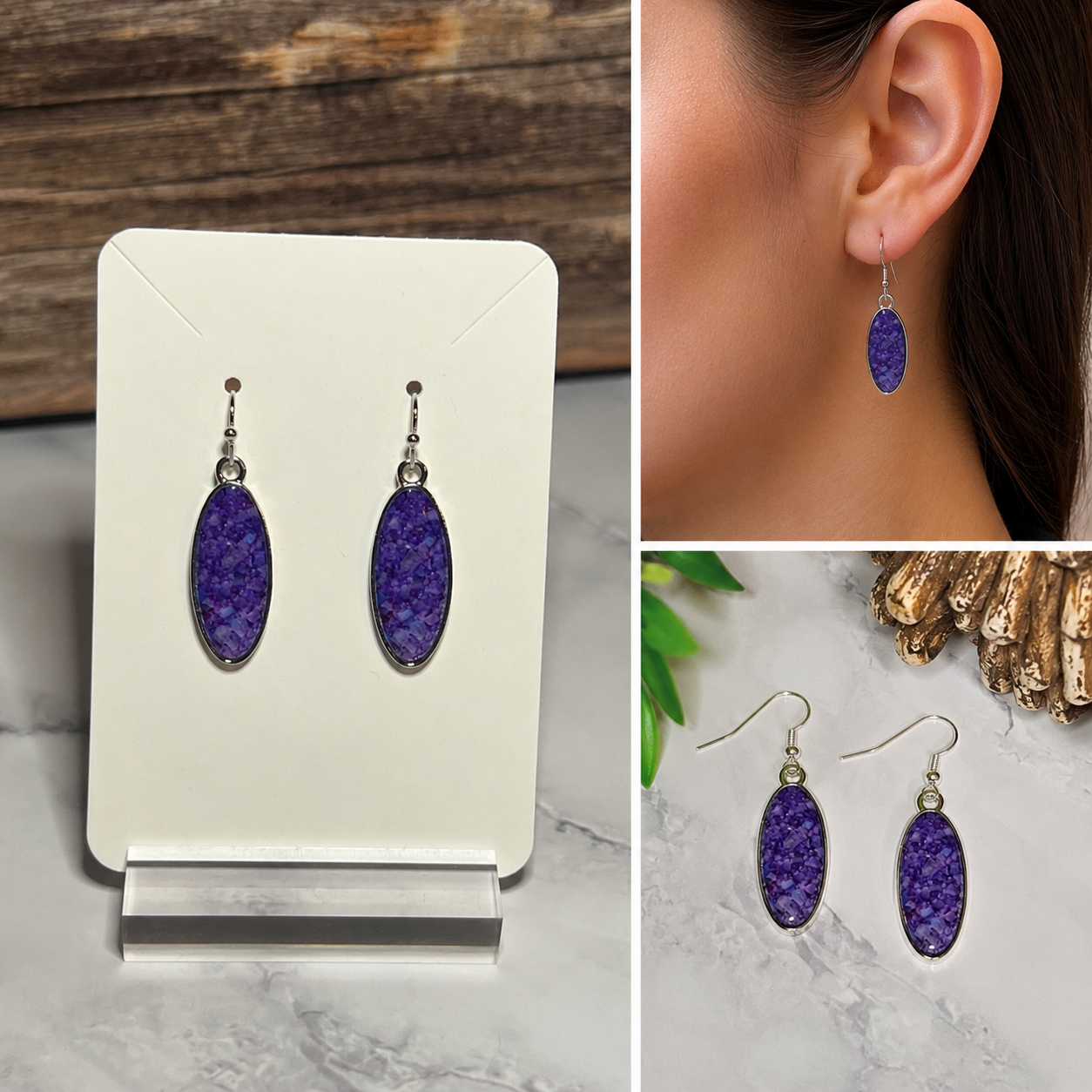 Earrings- Purple Oval Drop Sterling Silver Ear Wire