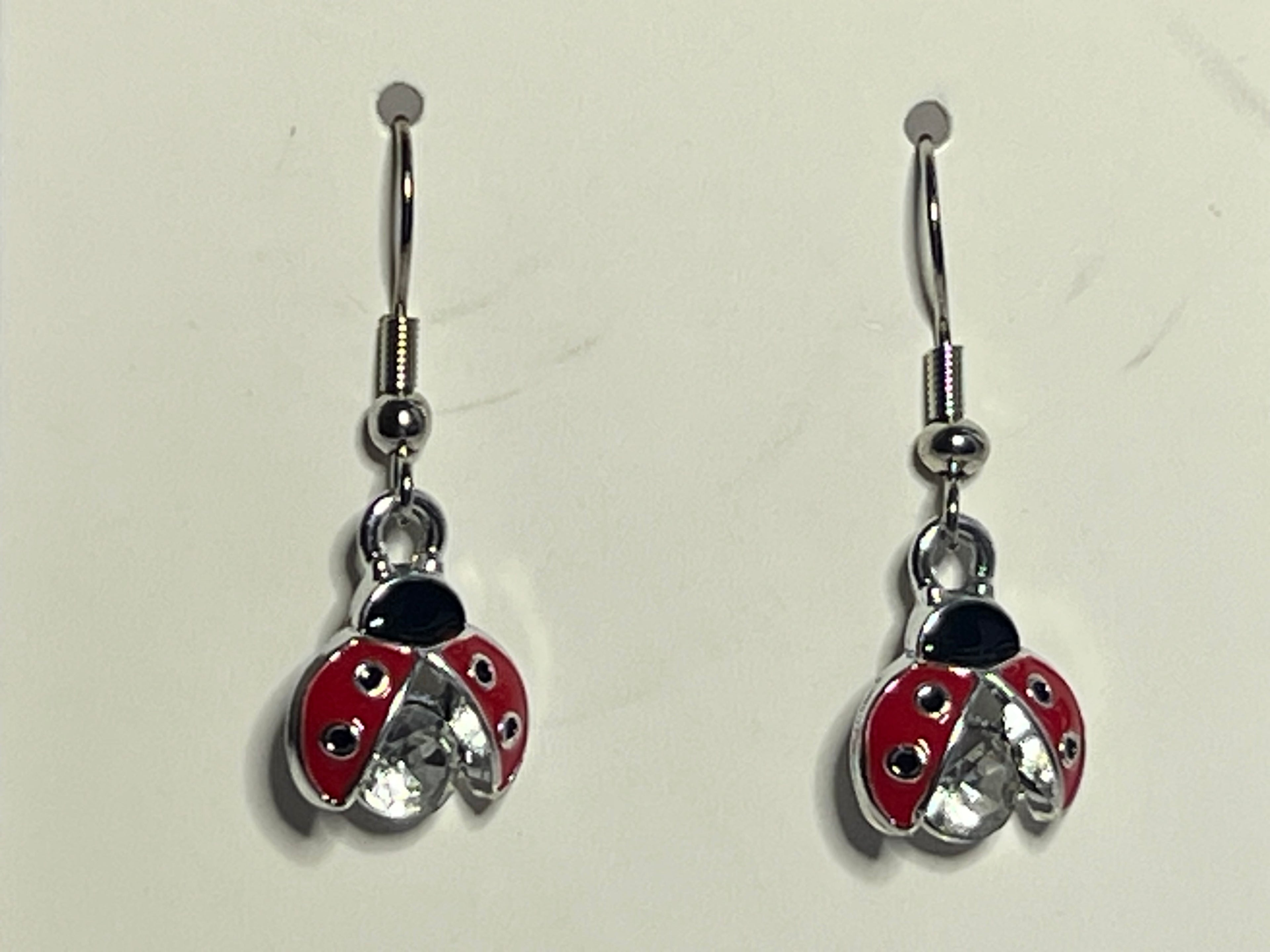 Earring - Sterling Silver Ear Wire - Crystal Ladybug