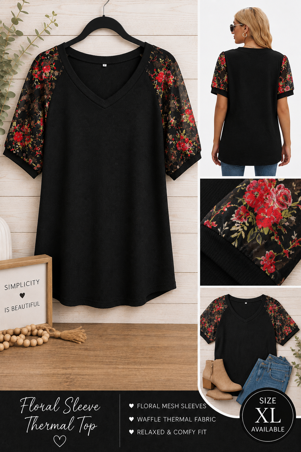 Floral Mesh Sleeve Top Black