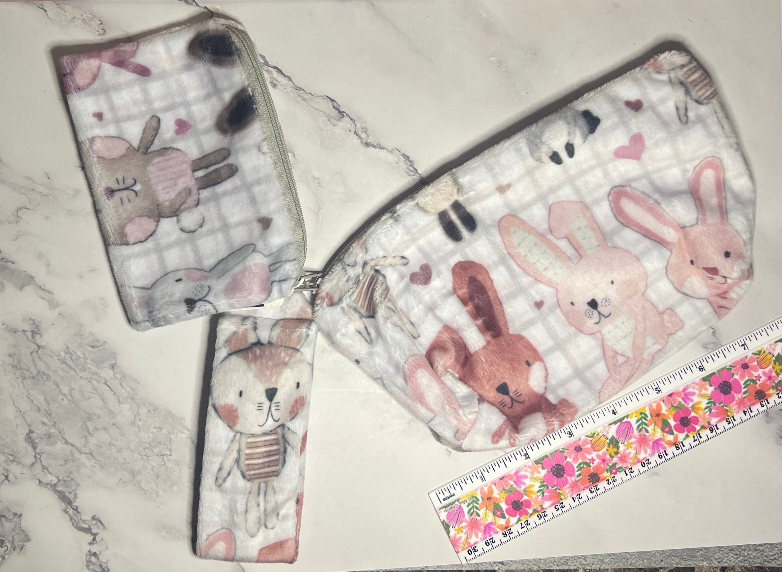 Minky 3 Piece Zipper Pouch Set - Bunnies