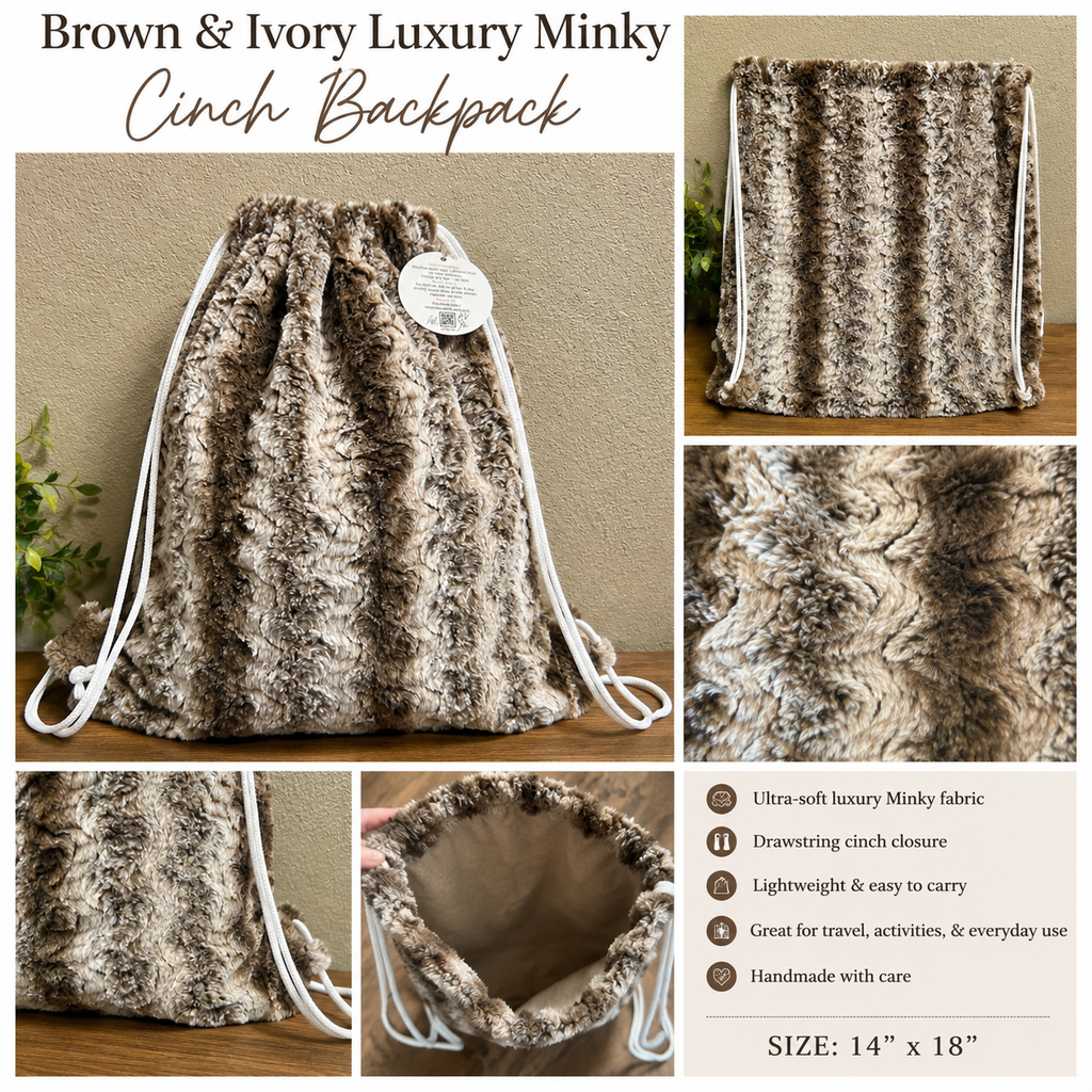 Minky Brown & Ivory Luxury Cinch Backpack – 14” x 18”