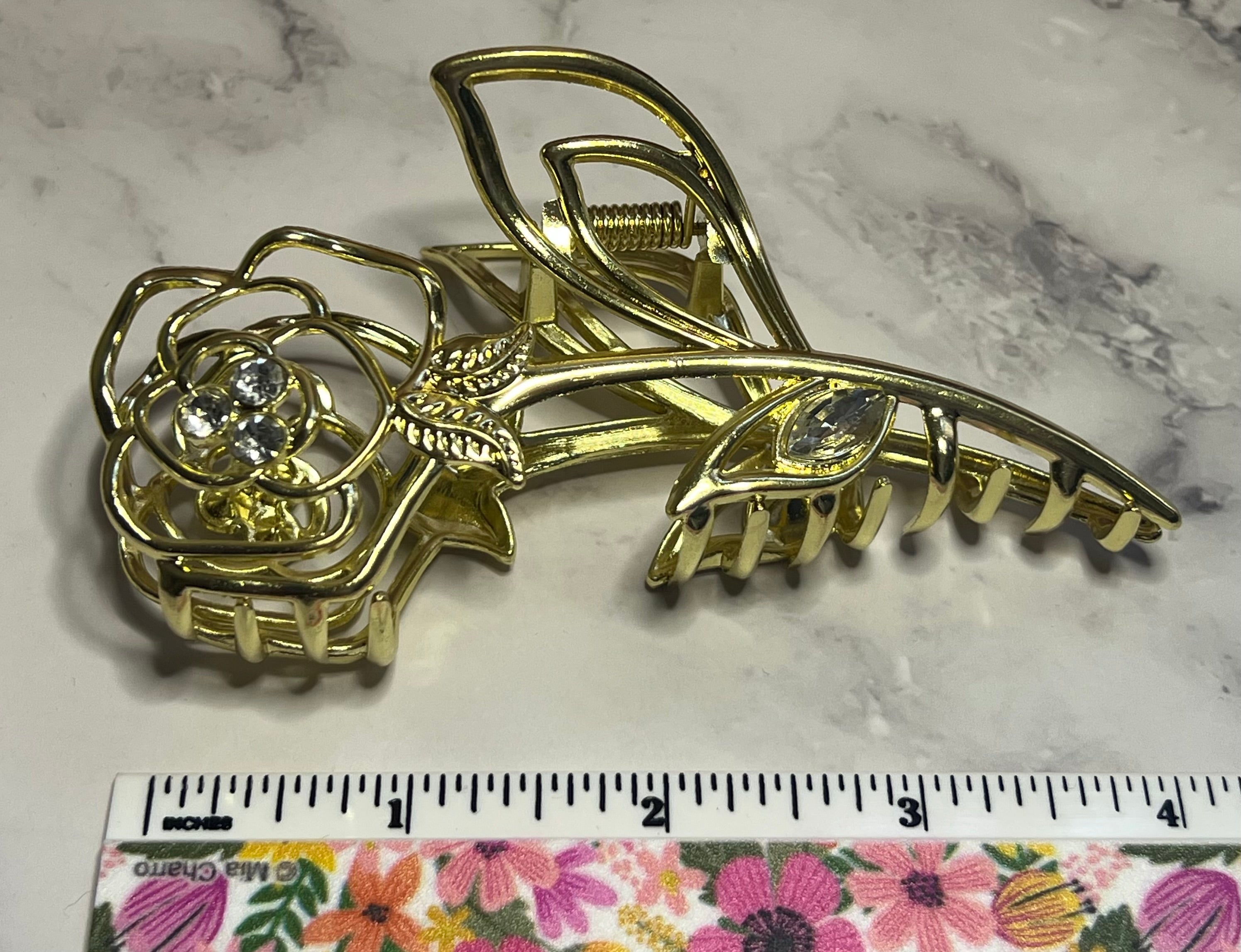 Hair Claw / Clip - Gold Rose with Rhinestones