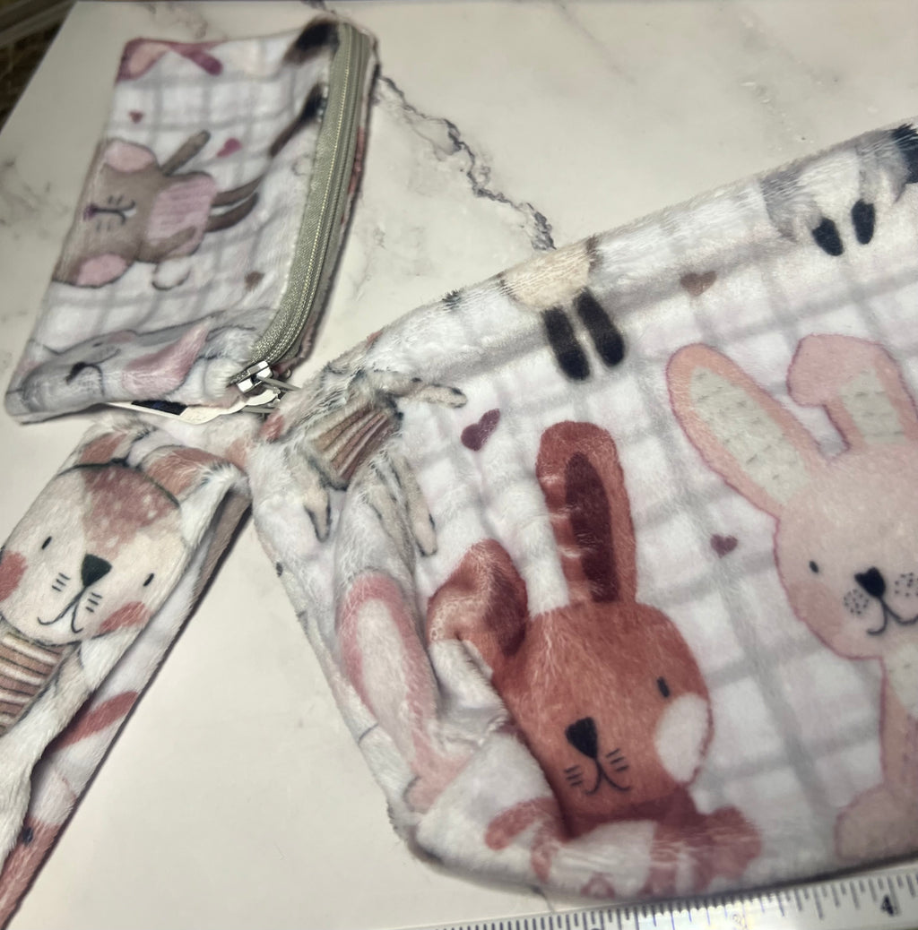 Minky 3 Piece Zipper Pouch Set - Bunnies
