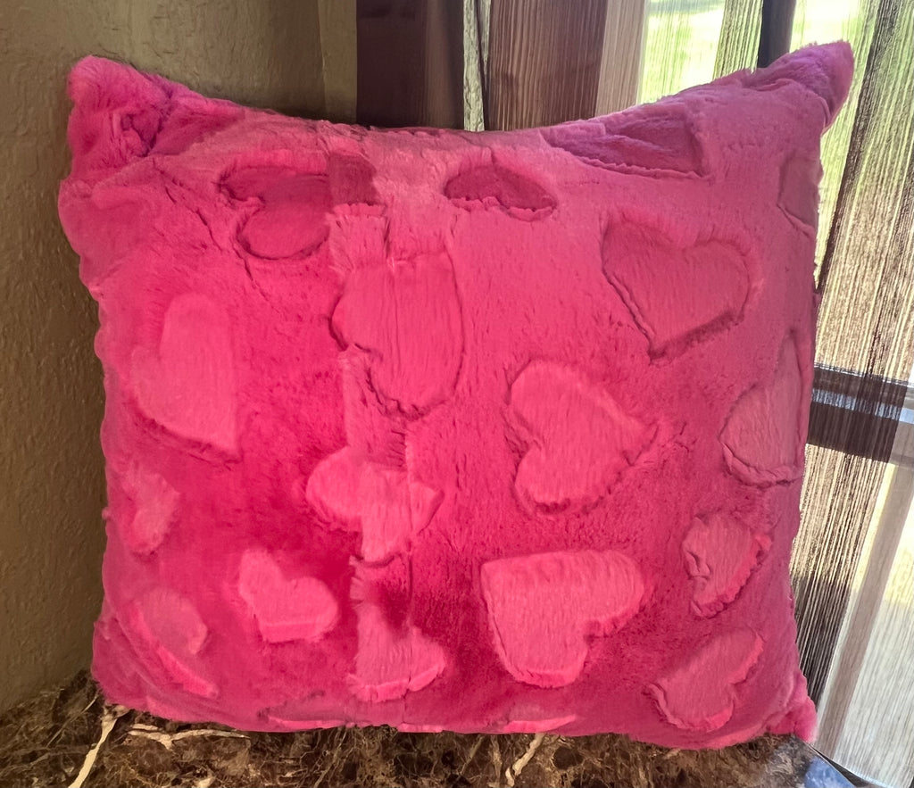 Minky Throw Pillow - Fuchsia Embossed Hearts